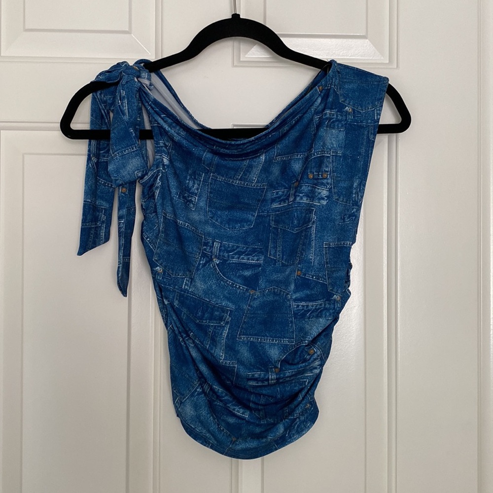 Forever 21 - Blue Denim Graphic Pattern One Side Tie Shoulder Tank Top Blouse - Picture 5 of 7